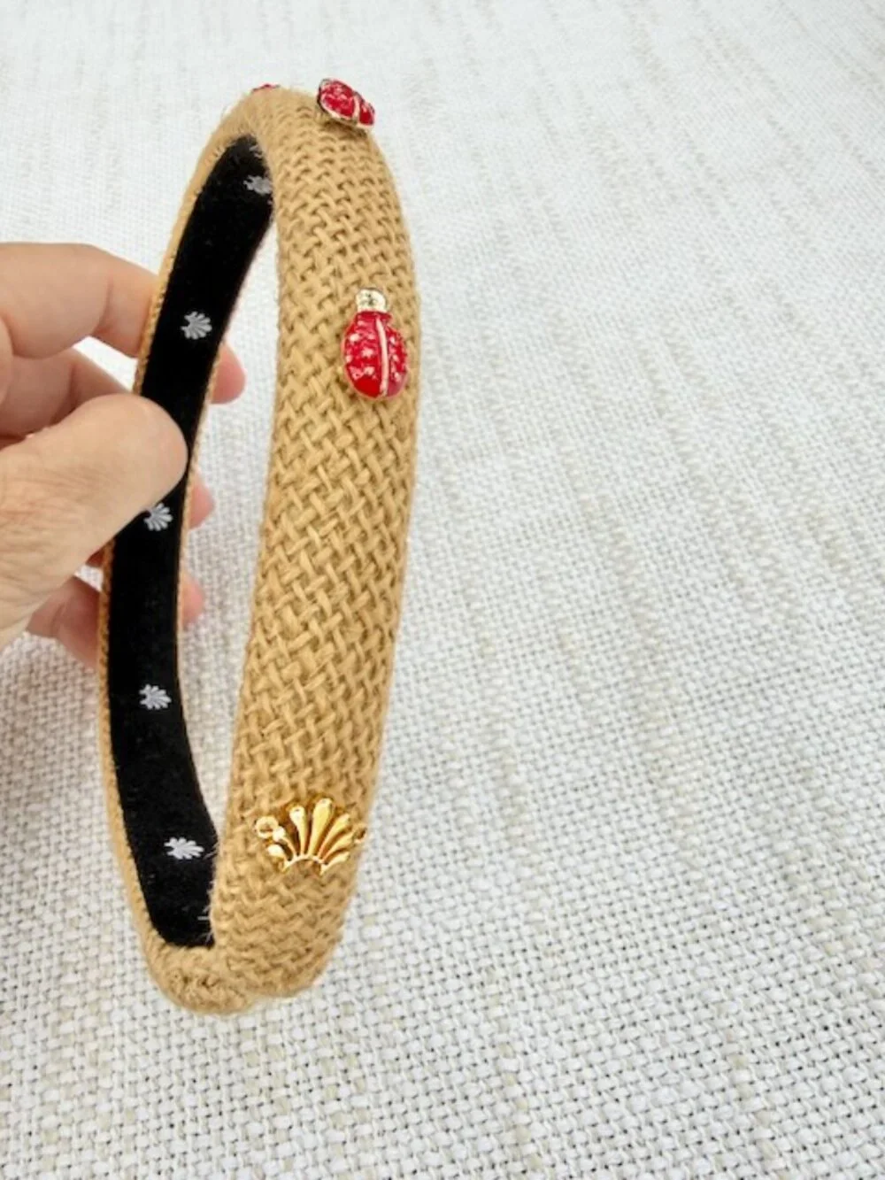 Lele Sadoughi Tan Raffia Gigi Headband Ladybug Charm EUC